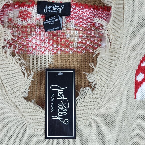 Just Polly Mushroom Pattern Distressed Beige Knit Sweater Size S Oversized NEW - Picture 4 of 7